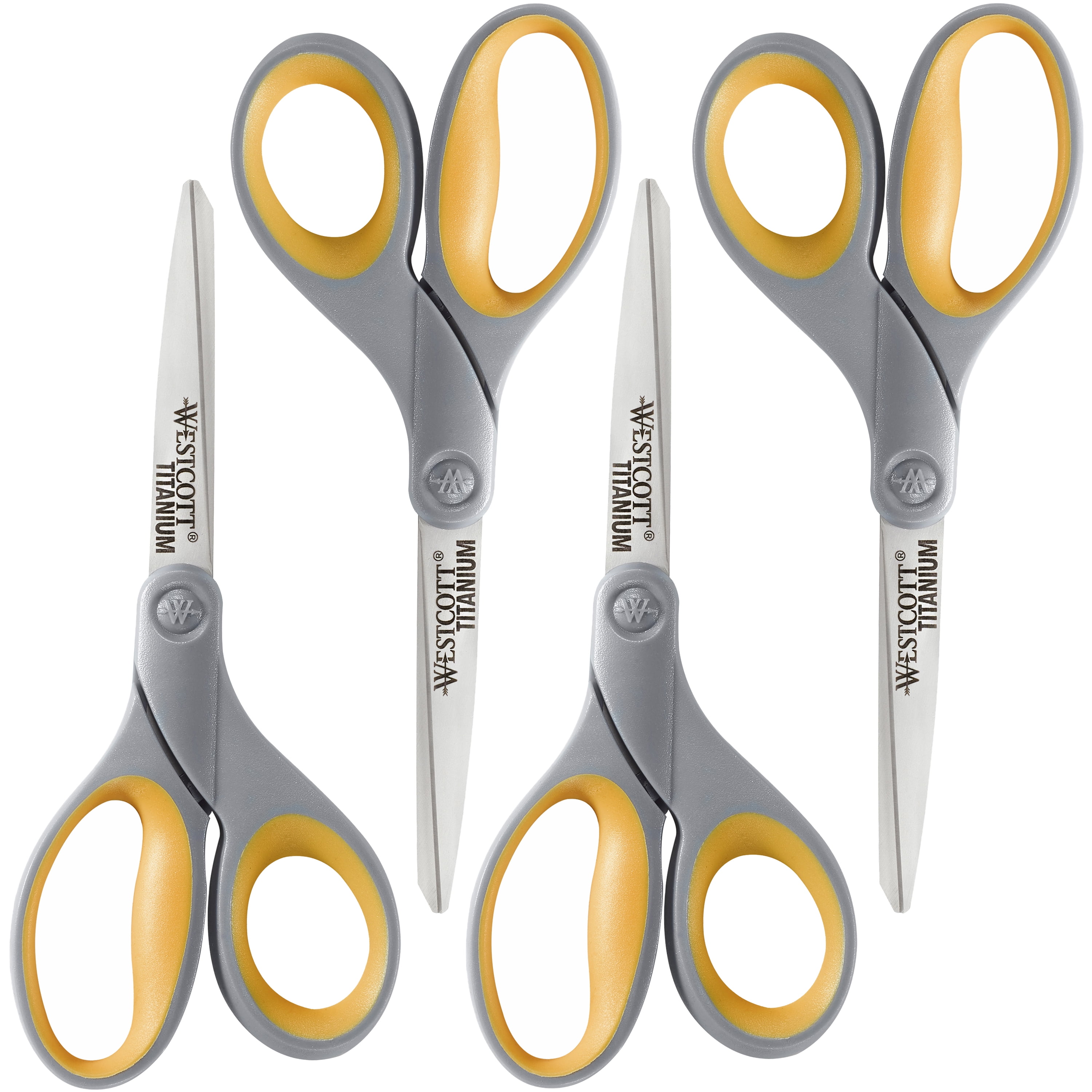 Westcott 8" Soft Handle Titanium Bonded Scissors for Office & Home, Gray/Yellow, 4 Pack