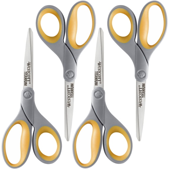 Westcott Titanium Bonded 8-Inch Scissors with Soft Ergonomic Handles, Gray/Yellow, 4 Pack