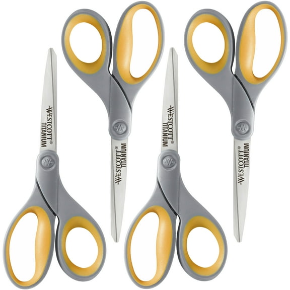 Westcott 8" Soft Handle Titanium Bonded Scissors for Office & Home, Gray/Yellow, 4 Pack