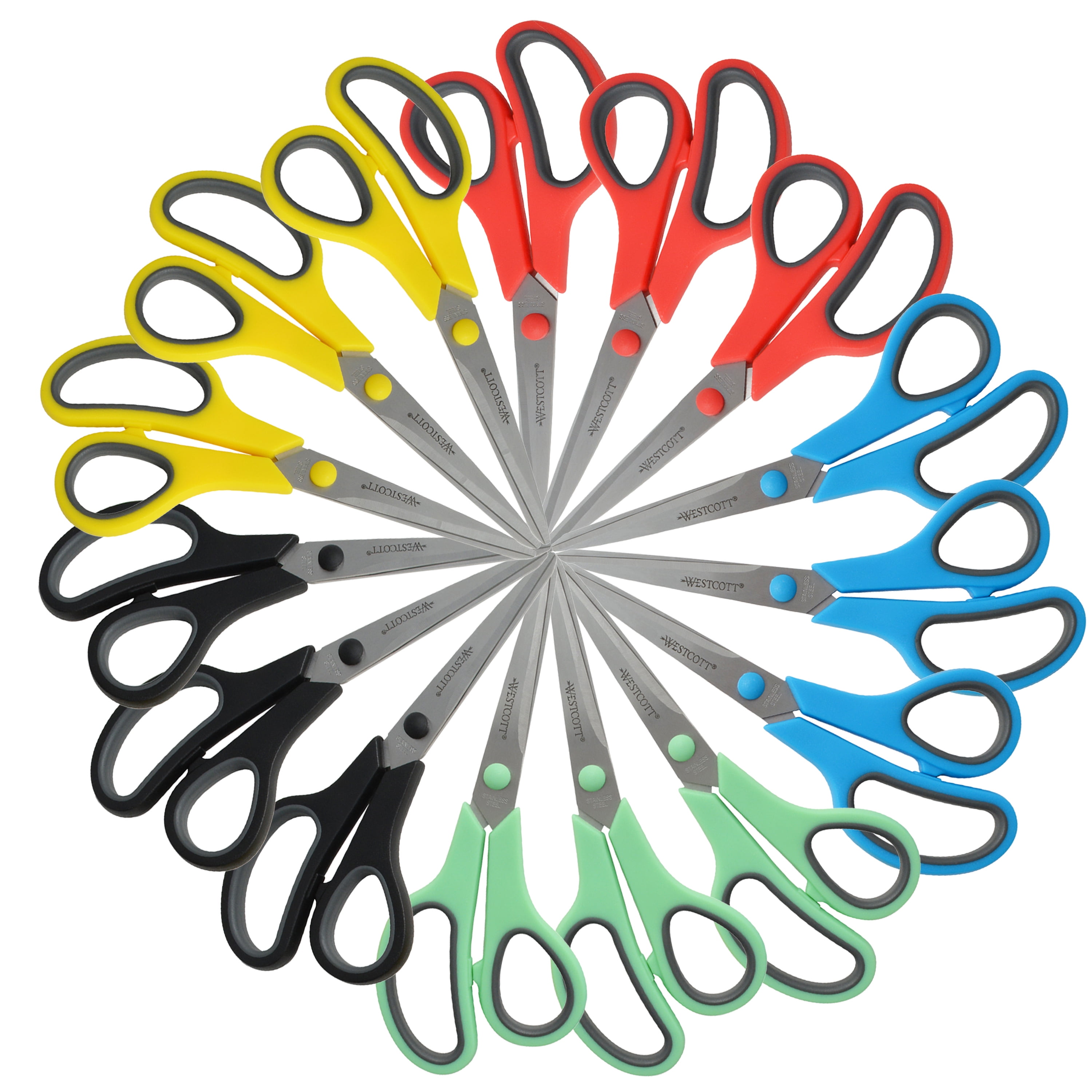 Westcott 8" Stainless Steel Soft Handle Straight Scissors, High School Education Level, Assorted Colors, Pack of 15