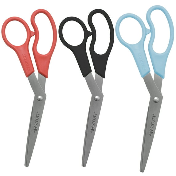 Westcott All-Purpose Scissors, 8", Stainless Steel, Bent, for Office, Multicolor, High School, 3-Pack