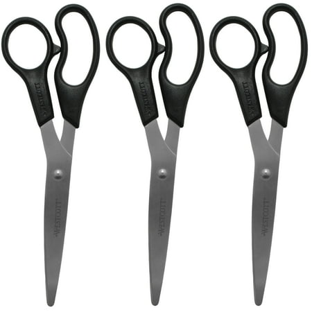 Westcott 8-Inch Stainless Steel All-Purpose Scissors, 3-Pack, Black, High School