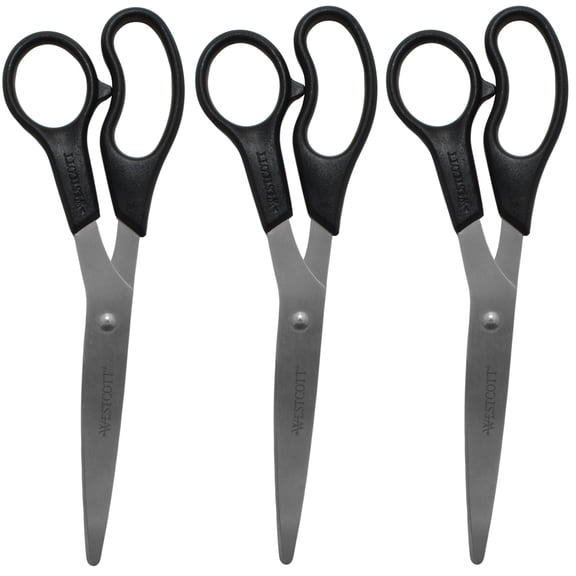 Westcott 8-Inch Stainless Steel All-Purpose Scissors, 3-Pack, Black, High School