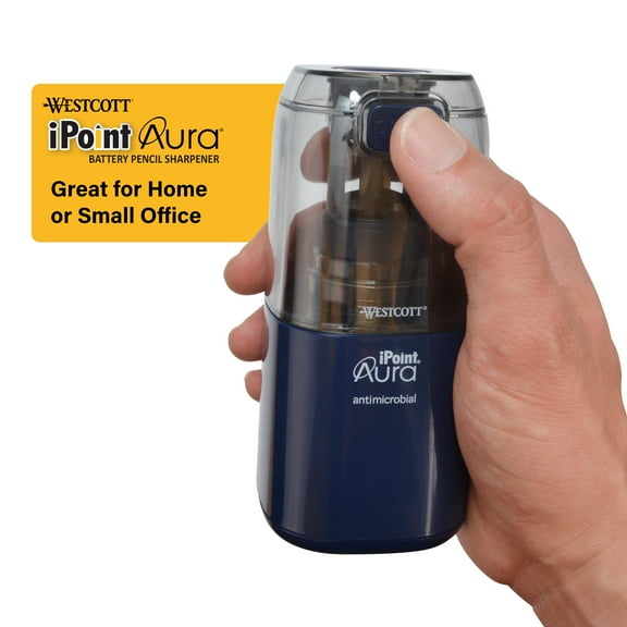 Westcott Aura Battery Pencil Sharpener, Titanium, Anti-Microbial, Office, Blue, 1-Count, New.