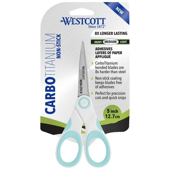Westcott Carbo Titanium, Non-Stick Scissors, 5", for Craft, White/Blue, 1-Count