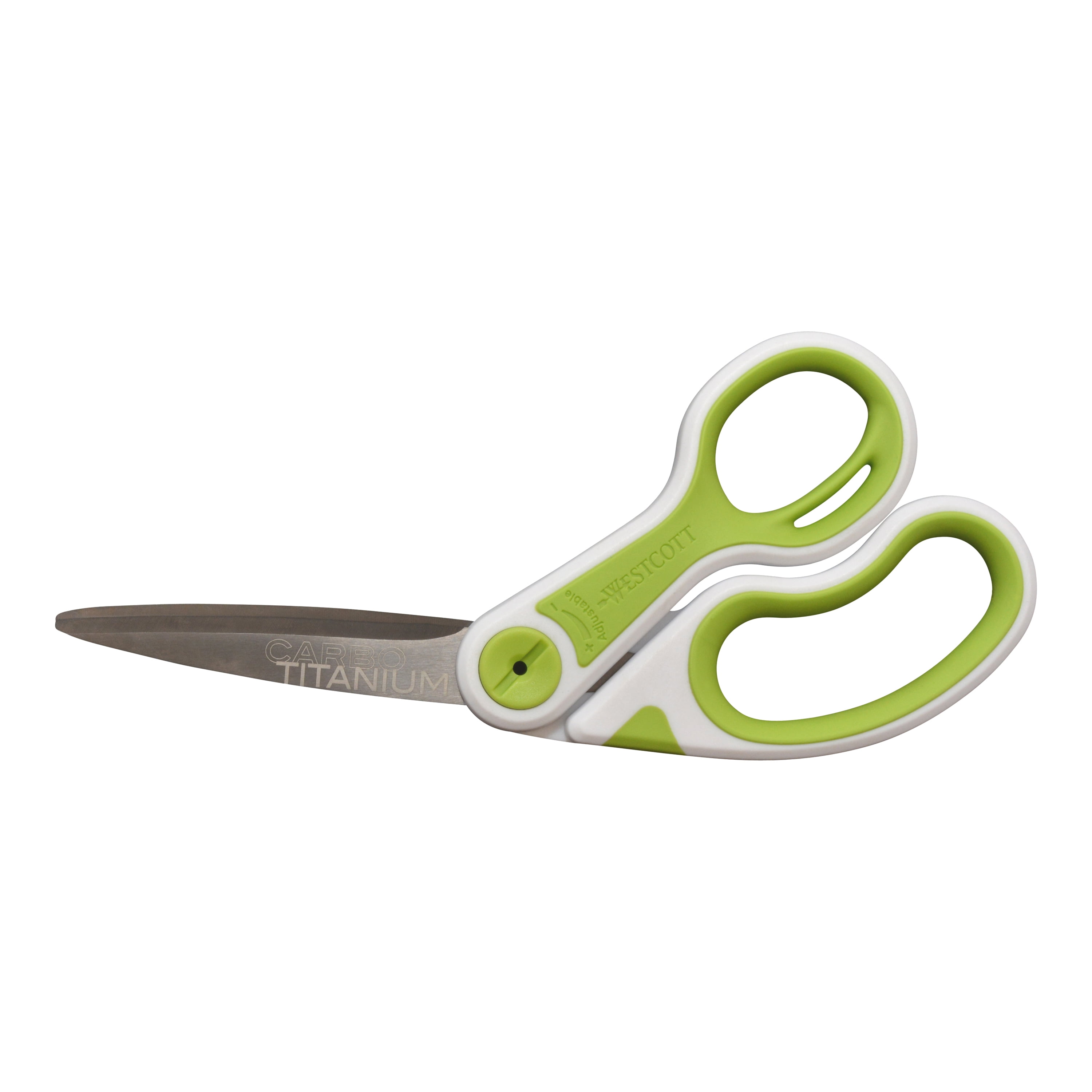 Westcott Carbo Titanium Scissors, 8 inch, Bent, Adjustable Glide, Green, White, for Sewing, 1-Count
