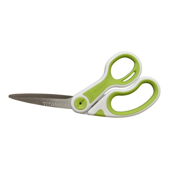 Westcott 8" Carbo Titanium Scissors, Bent, Adjustable Glide, Green and White, for Sewing or Office, 1-Count