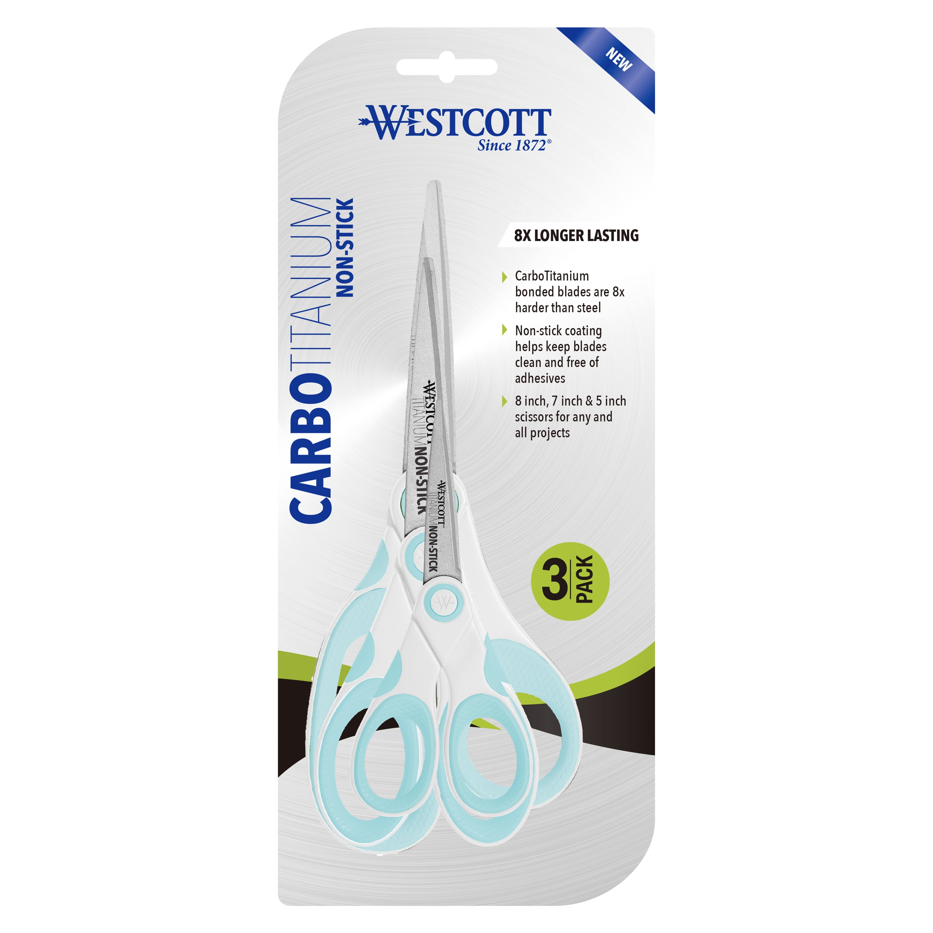 Westcott Crafting Scissors, Carbo Titanium Non-Stick, 8", 7", 5", High School, White/Blue, 3-Pack