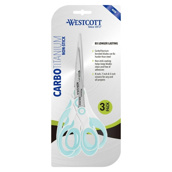 Westcott Carbo Titanium Non-Stick Scissors, 8", 7", 5", for Craft, White/Blue, 3-Pack