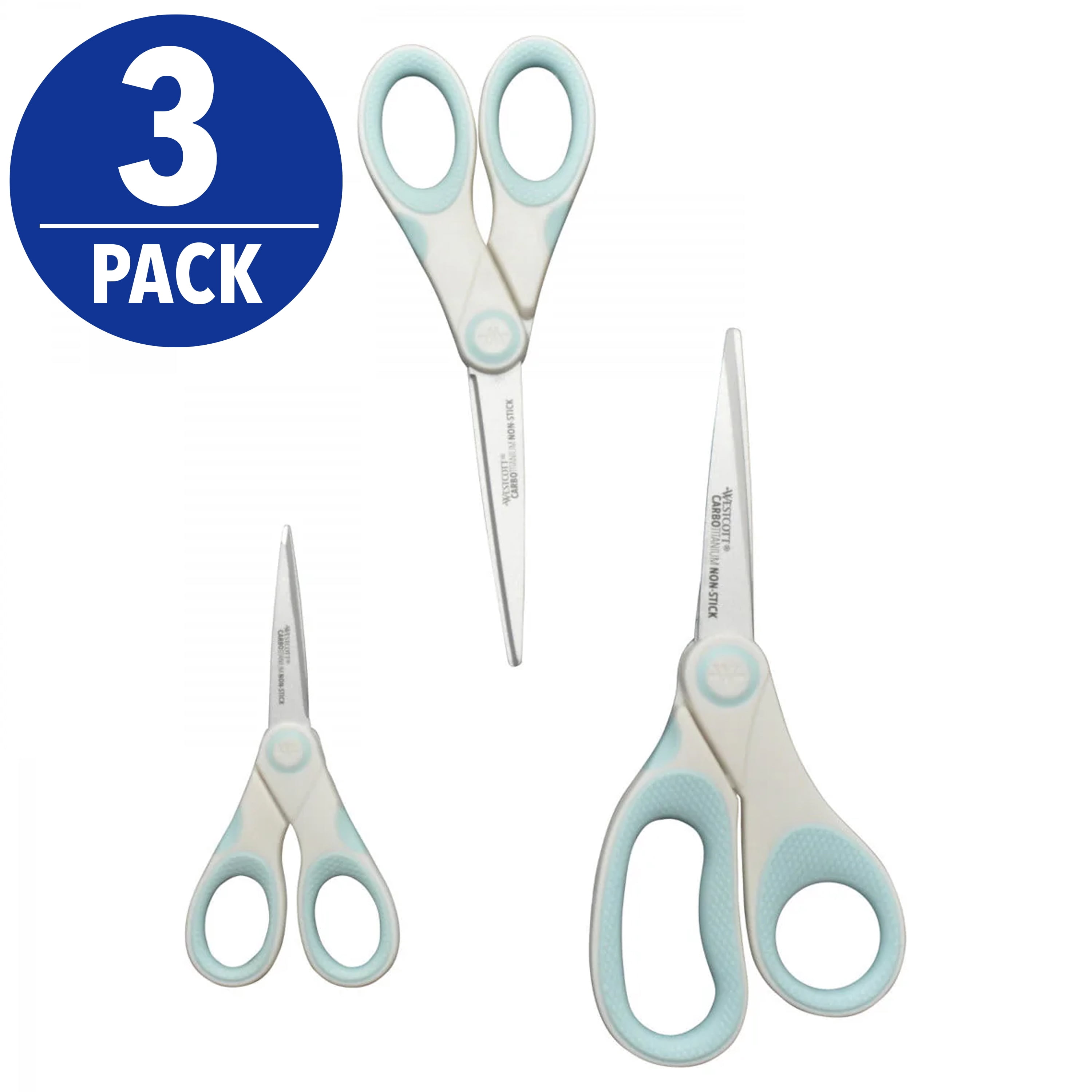 Westcott Carbo Titanium Non-Stick 8" 7" 5" Scissors, White/Blue for Crafts, 3-Pack