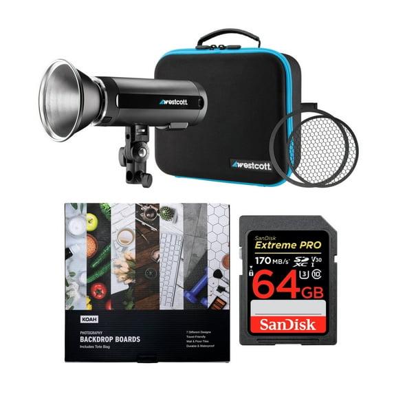 Westcott FJ200 200Ws Strobe Light with 64GB SD Card and Koah Backdrop Boards