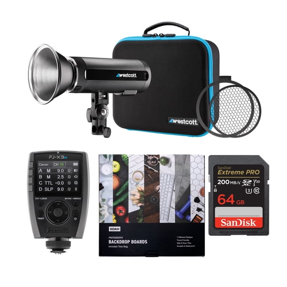 Westcott FJ200 200Ws Strobe Light with FJ-X3M Wireless Flash Trigger, with 64GB SD Card and Backdrop Boards