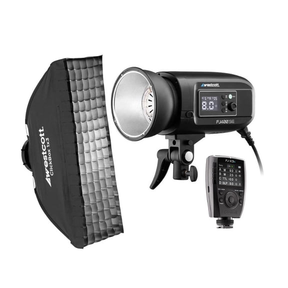 Westcott FJ400-SE Studio Strobe 400Ws Bundle with FJ-X3 S Wireless Trigger, ClickBox 1x3 Softbox and 40-Degree Egg Crate Grid (4 items)