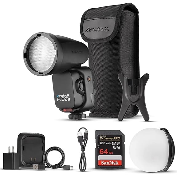 Westcott FJ80 II M 80Ws Universal LED Speedlight with Diffusion Dome Lighting Accessories & 64GB Memory Card Bundle