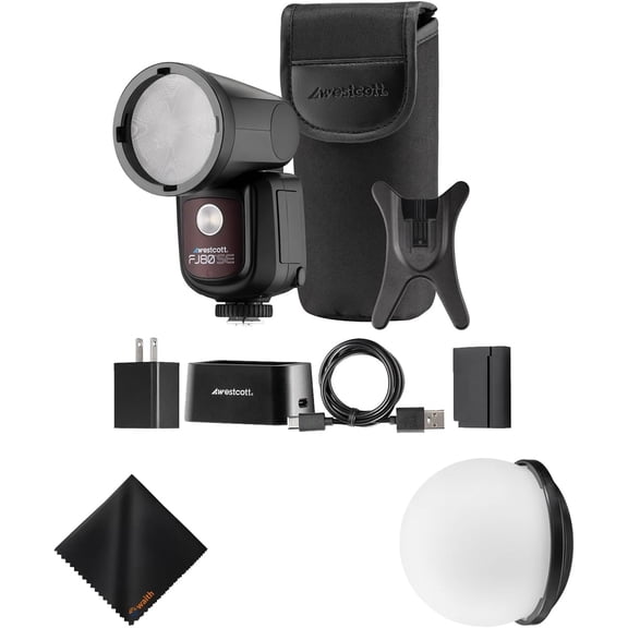 Westcott FJ80-SE M Universal 80Ws Speedlight with 2.4 Inch LCD | 550+ Full-Power Flashes per Charge with Diffusion Dome for Magnetic Mounting and Waith Microfibre Cleaning Cloth Bundle set