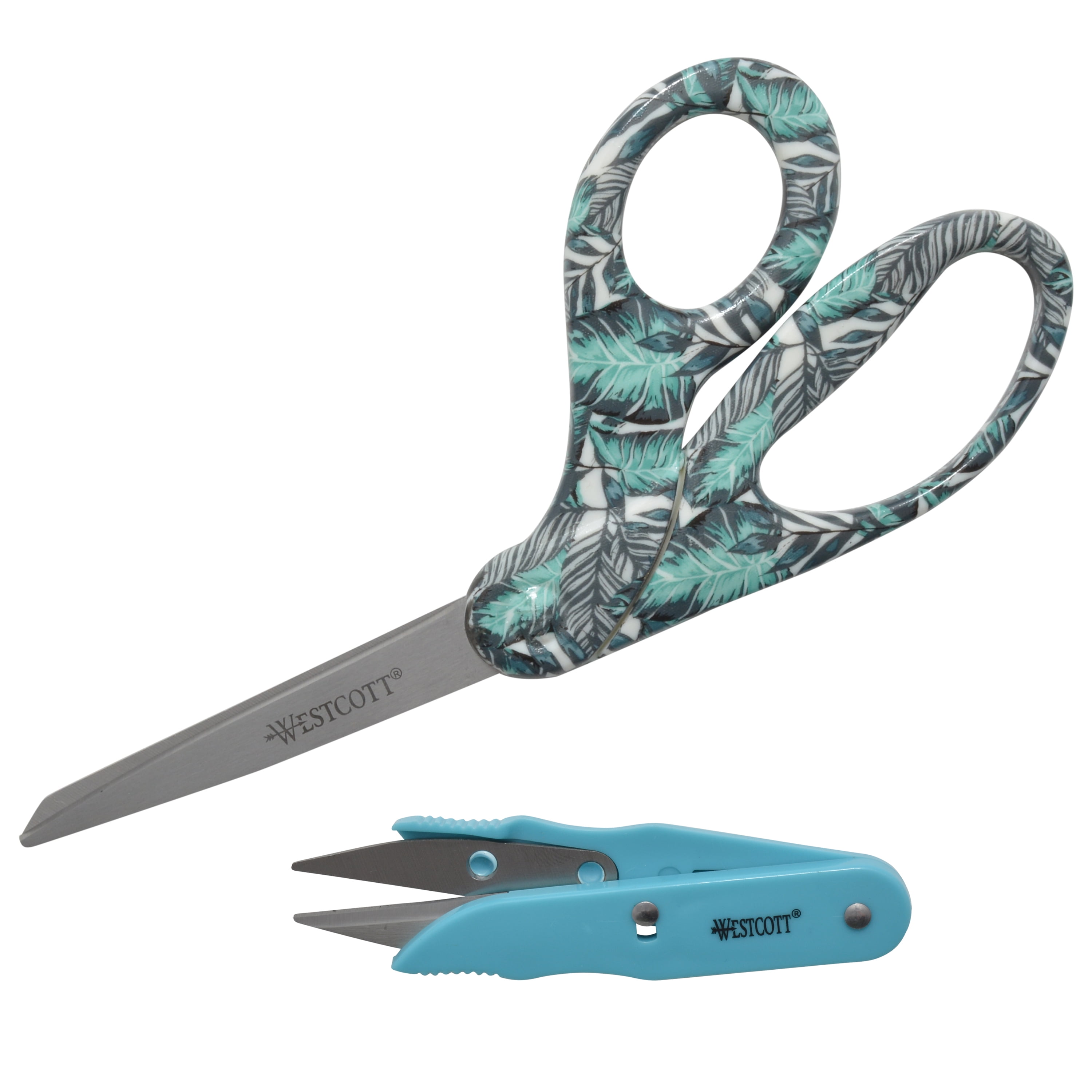 Westcott Fashion Scissors, 8", Bent, Thread Snips, Jungle/Light Blue, for Craft/Office, 2-Count
