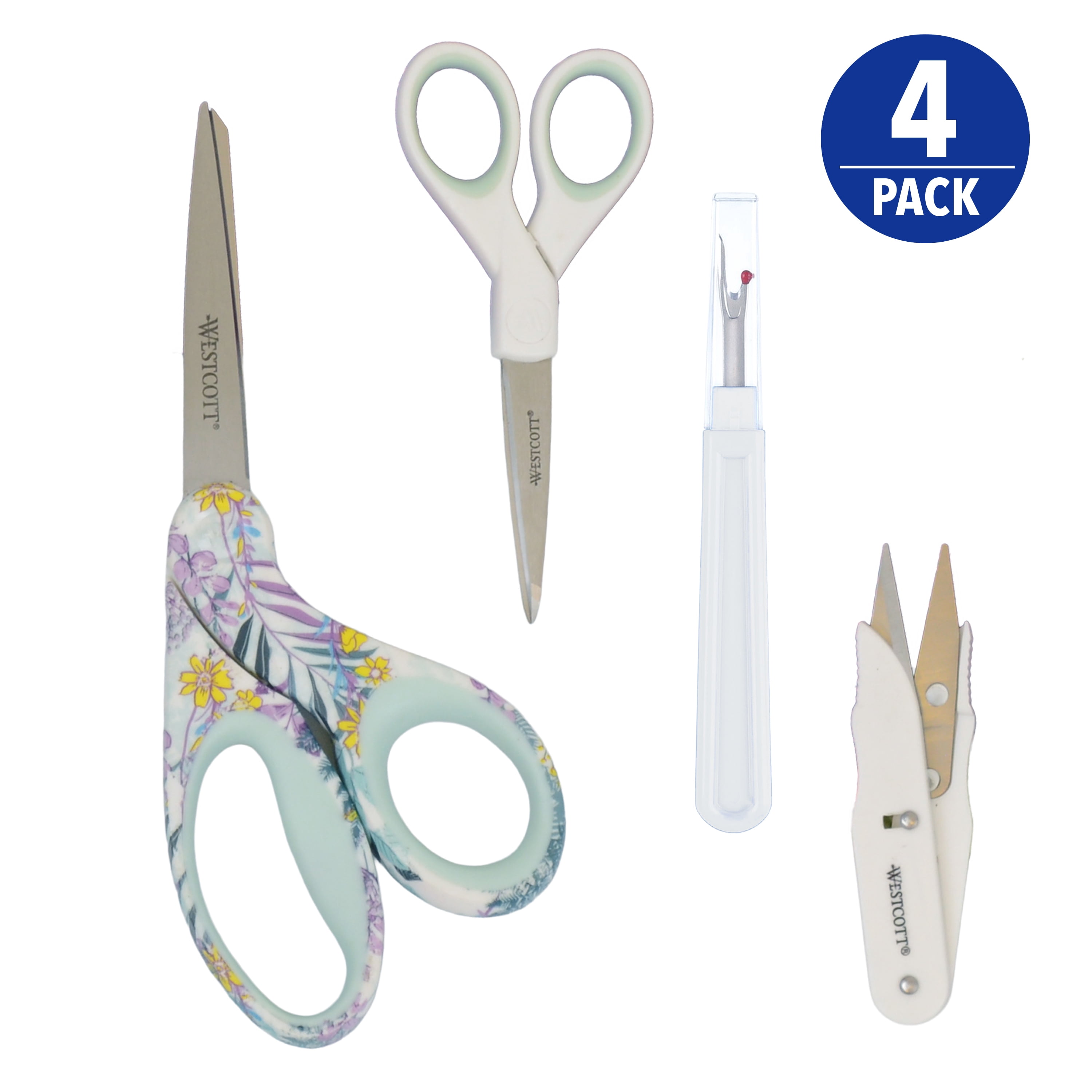 Westcott Fashion Sewing Set, Scissors, Seam Ripper & Thread Snips, Stainless Steel, White/Blue, 4-Piece