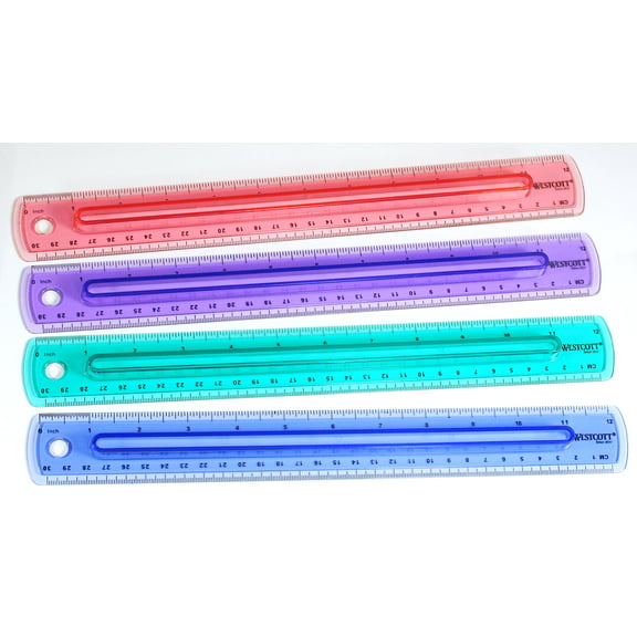 Westcott Finger Grip Ruler, 12", Metric, Imperial, Plastic, Assorted Colors, 1-Count
