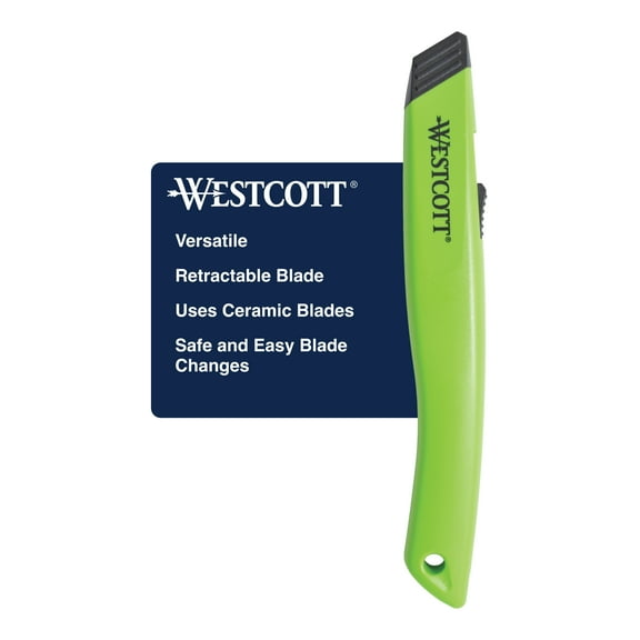 Westcott Full Size Auto Retractable Ceramic Utility Box Cutter, Plastic, Green, 1-Count