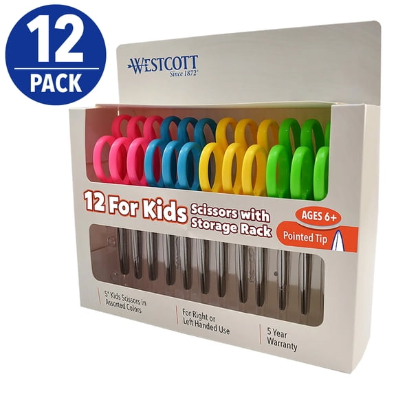 Westcott 5-Inch Assorted Pointed Kids Scissors, 12-Pack, Preschool Educational Level