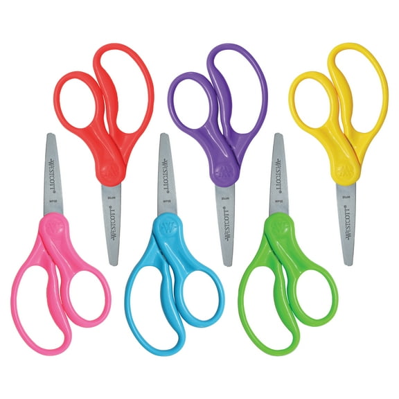 Westcott Kids Scissors, 5", Stainless Steel, Pointed, for School, Assorted Colors, 6-Count