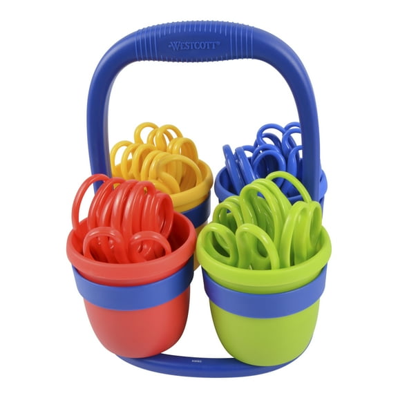 Westcott 5" Stainless Steel Kids Scissors Caddy, Pointed, Assorted Colors, 24-Pairs, Preschool Level
