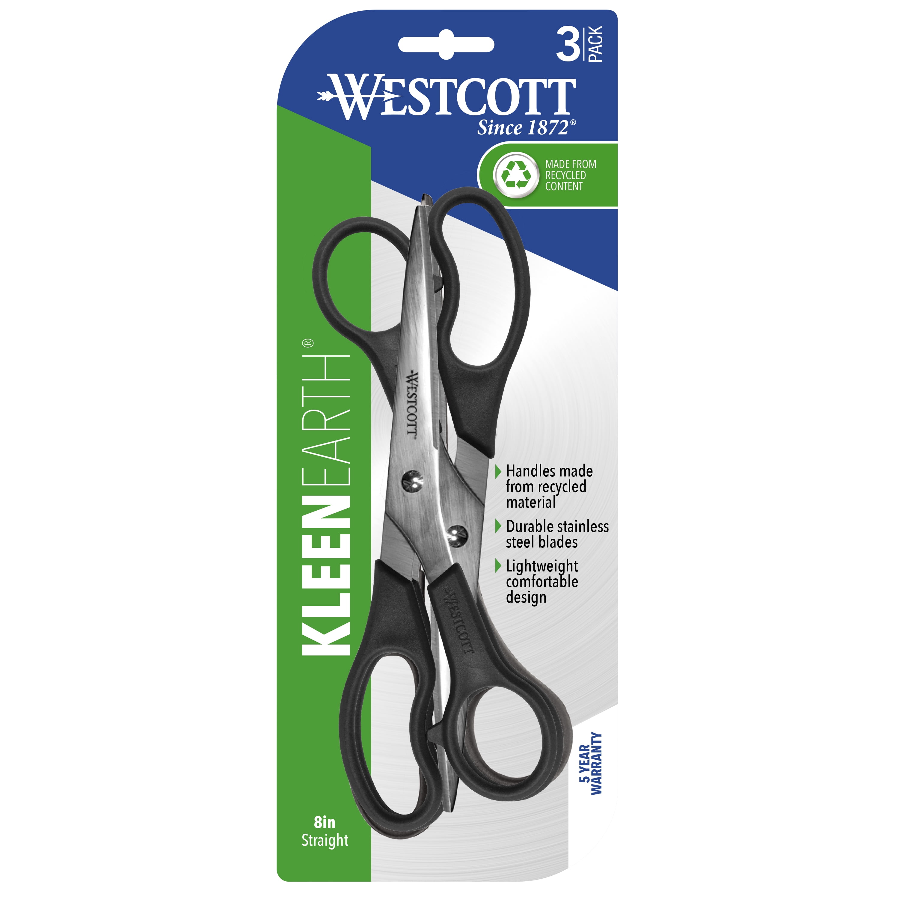 Westcott - Westcott KleenEarth 8 Straight Recycled Stainless Steel  Scissors, Black, 2 Pack (15179)