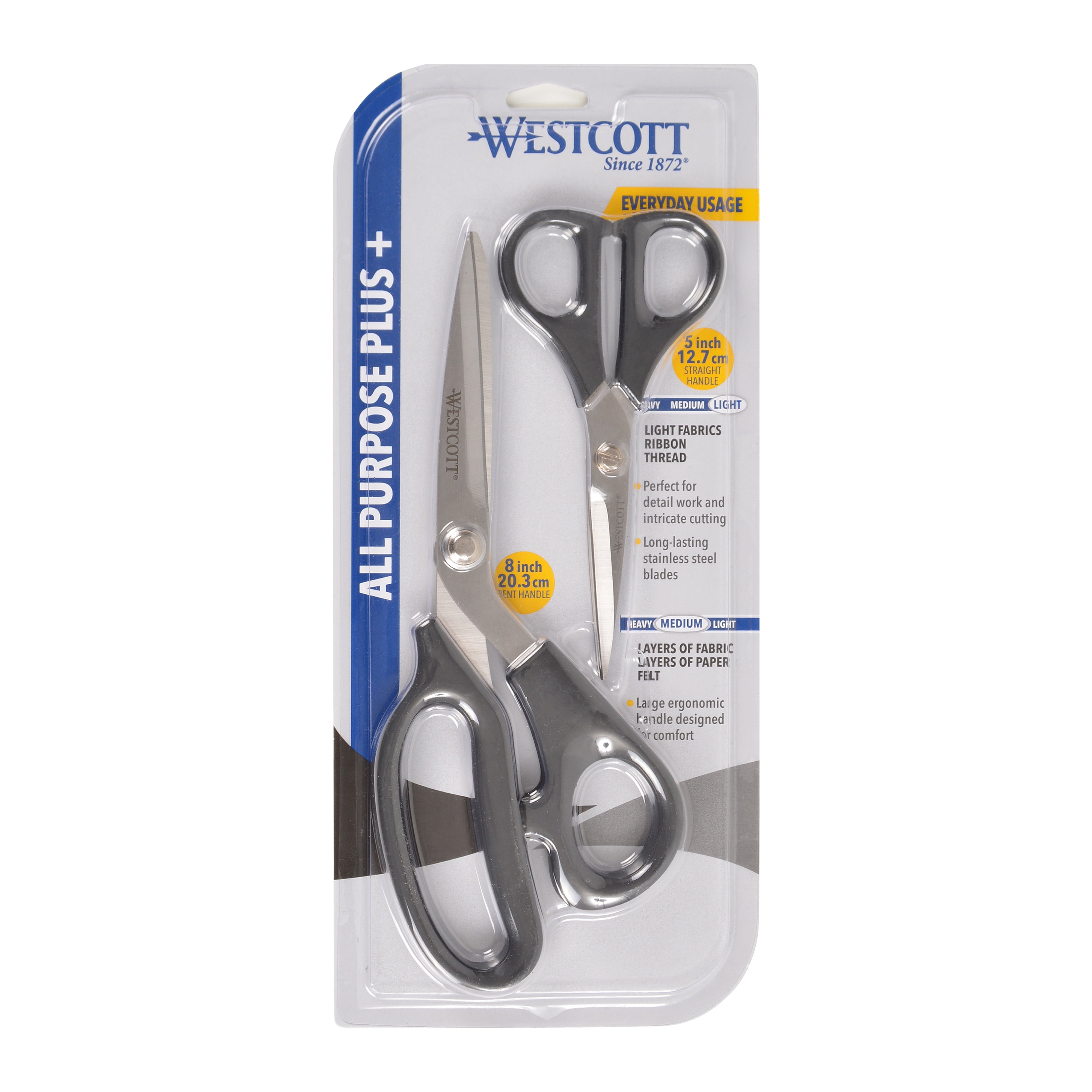 Westcott 8" Bent, 5" Multipurpose Scissors, All Purpose Plus, Stainless Steel, Black, for Sewing, Office Or Craft, 2-Piece