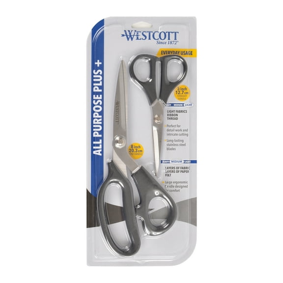 Westcott 8" Bent, 5" Multipurpose Scissors, All Purpose Plus, Stainless Steel, Black, for Sewing, Office Or Craft, 2-Piece