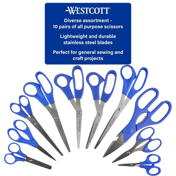 Westcott Multipurpose Scissors, All Purpose, Stainless Steel, Value Pack, Blue, for Sewing, Office or Craft, 10-Piece