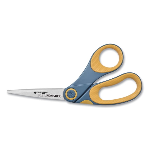 Acme Non-Stick Titanium Bonded Scissors, 8" Long, 3.25" Cut Length, Gray/Yellow Bent Handle