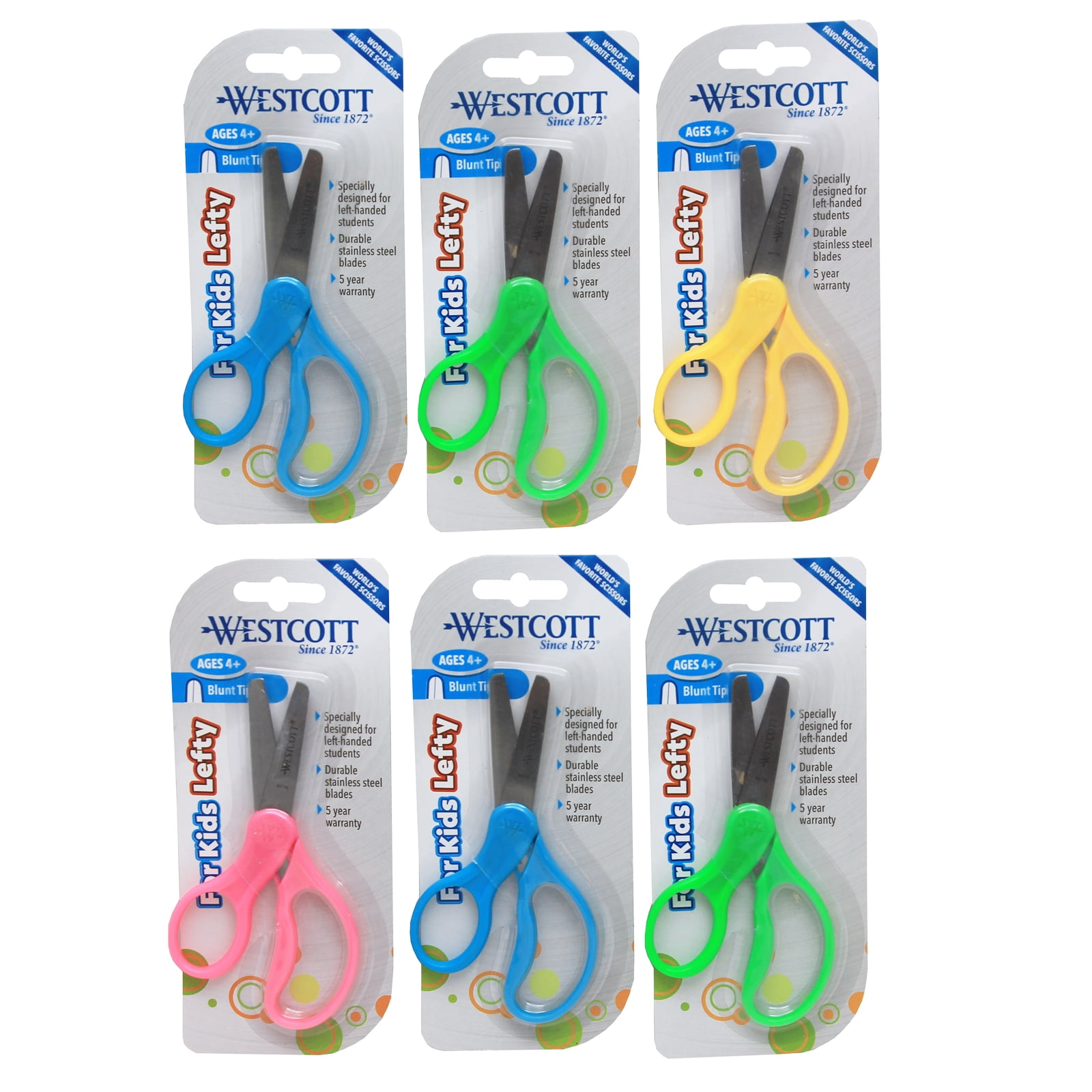 Westcott School Kumfy Grip Left-Handed Kids Scissors, 5" Blunt, Assorted Colors, Pack of 6