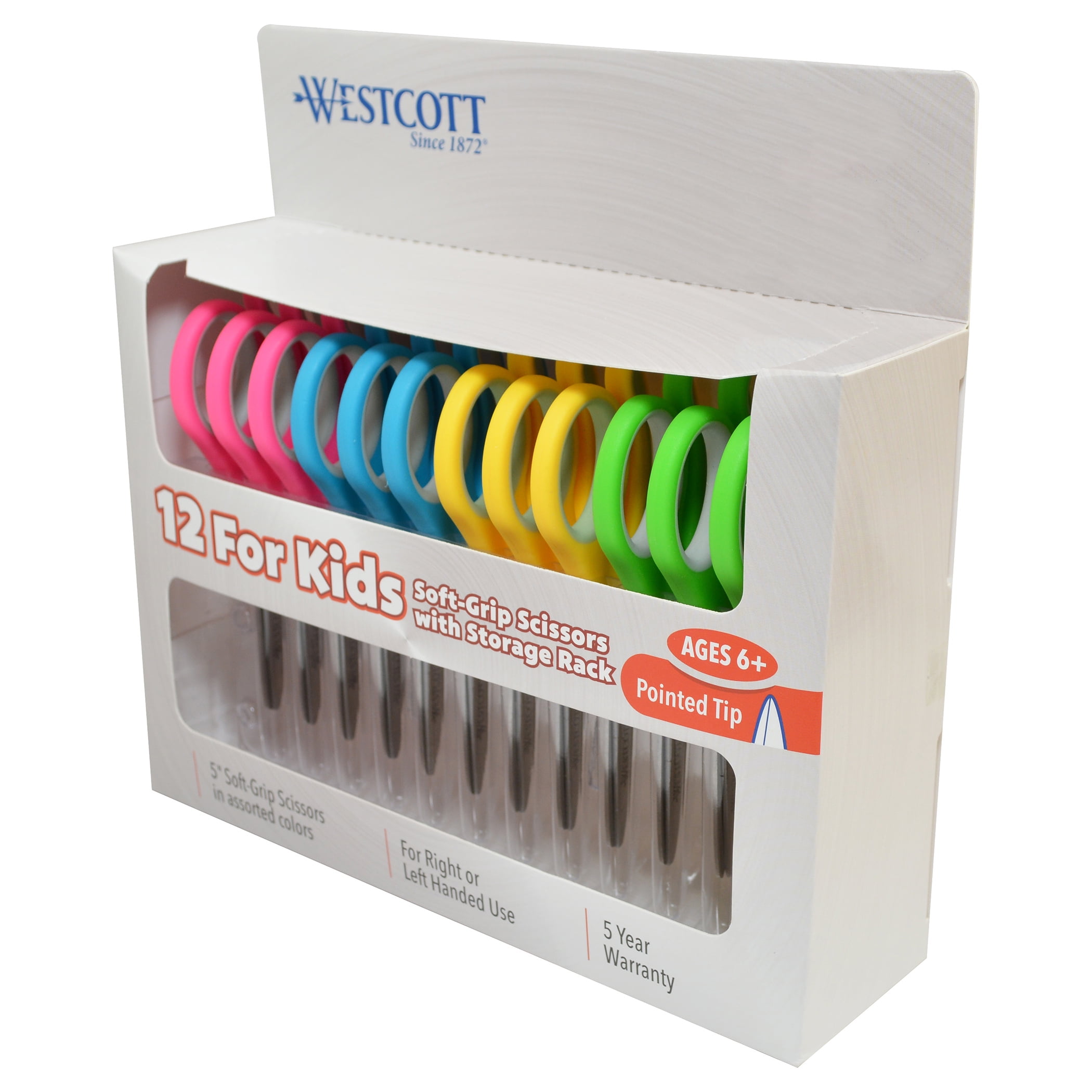 Westcott Soft Handle 5" Kids Scissors Classpack with Storage Rack, Pointed, Pack of 12