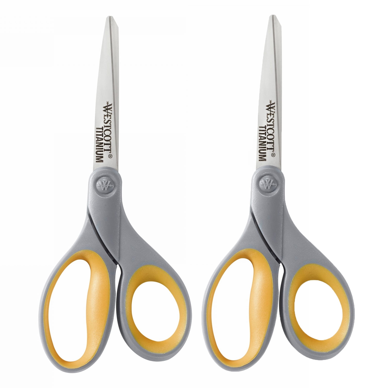 Westcott Titanium Bonded Scissors, 8" Long, 3.5" Cut Length, Gray/Yellow Straight Handles, 2/Pack