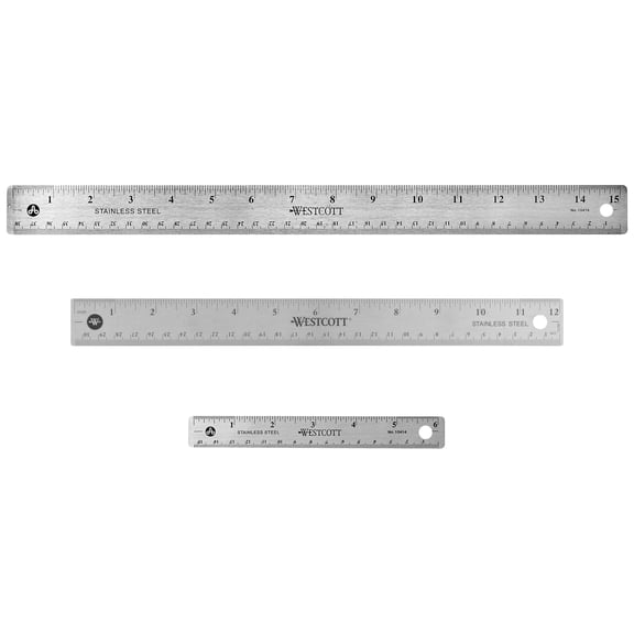 Westcott 3-Pack Stainless Steel Ruler Set with Cork Base, 6", 12", 15" for High School Craft Use