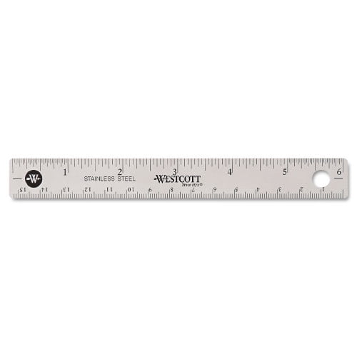 Westcott Stainless Steel Office Ruler With Non Slip Cork Base, Standard/Metric, 6" Long, Each