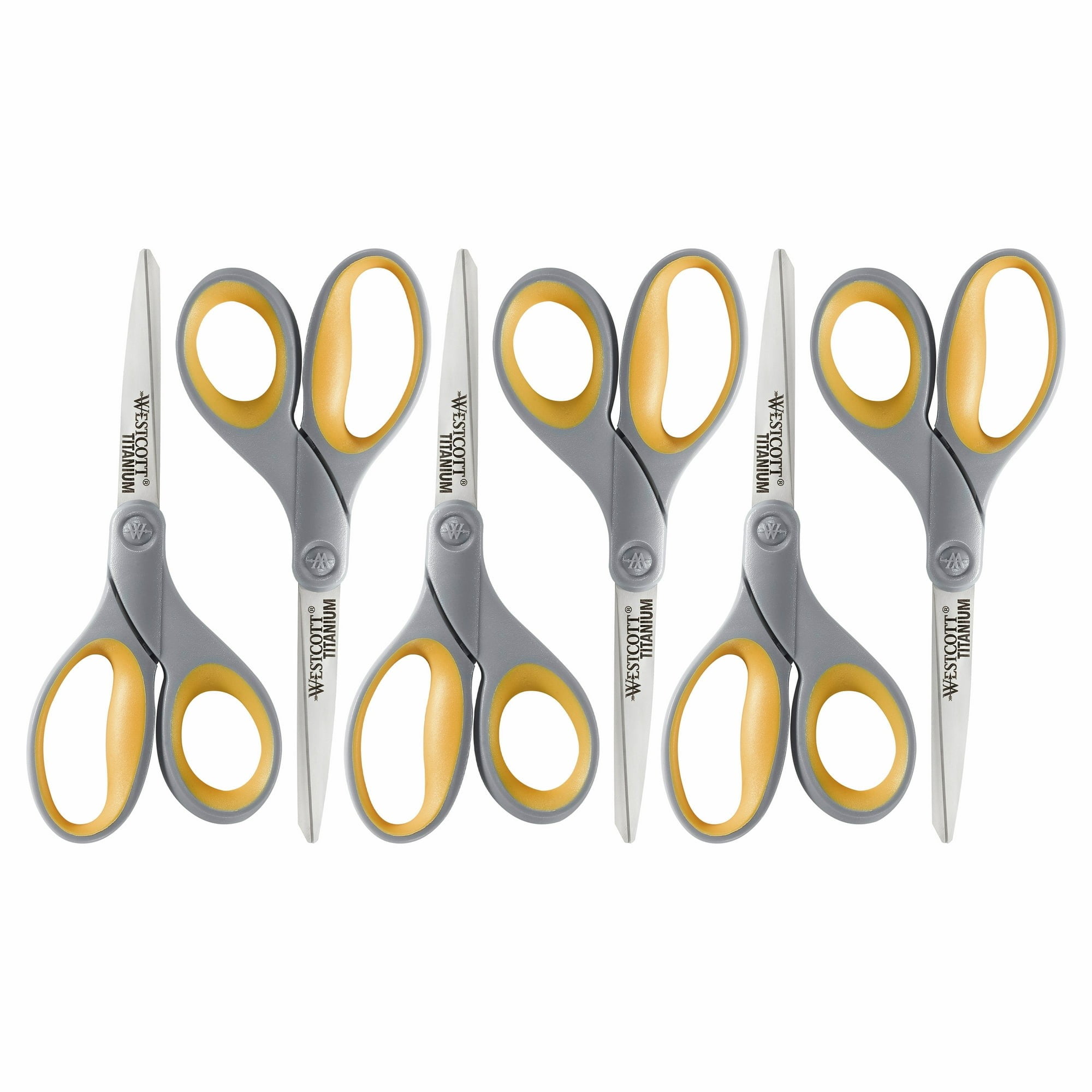 Westcott Straight Scissors, Titanium Bonded, 8", Grey/Yellow, for Office/School, 6-Pack