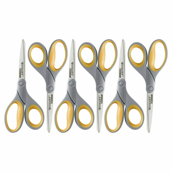 Westcott Straight Scissors, Titanium Bonded, 8", Grey/Yellow, for Office/School, 6-Pack