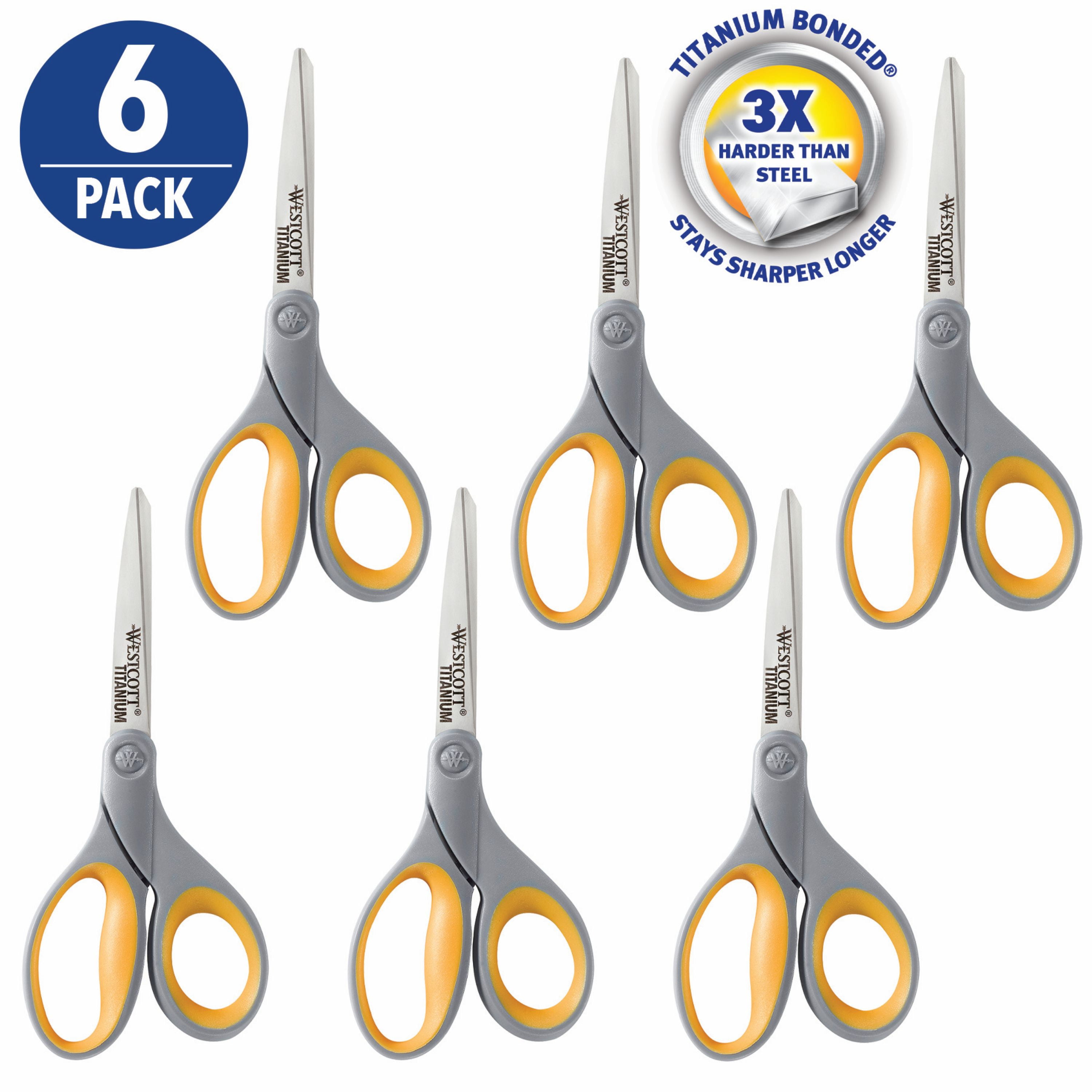 Westcott 8" Titanium Bonded Scissors, Grey/Yellow, 6-Pack for Office and School