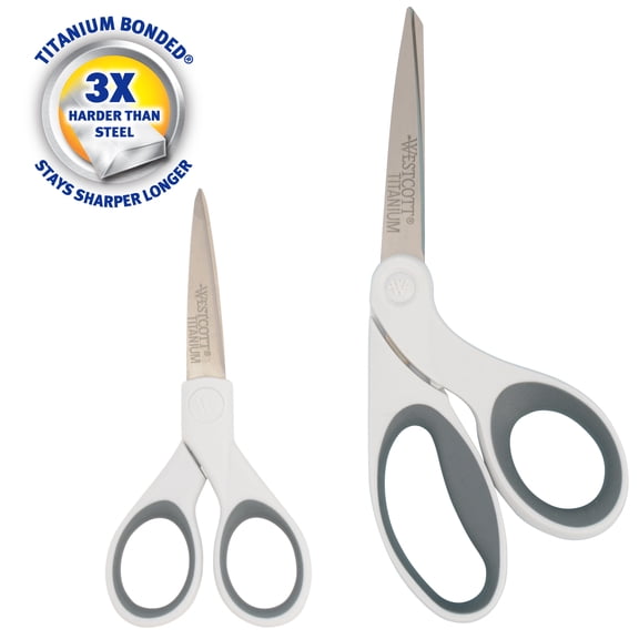 Westcott Titanium Bonded Craft Scissors - 8" Bent and 5" Straight, White, 2-Pack