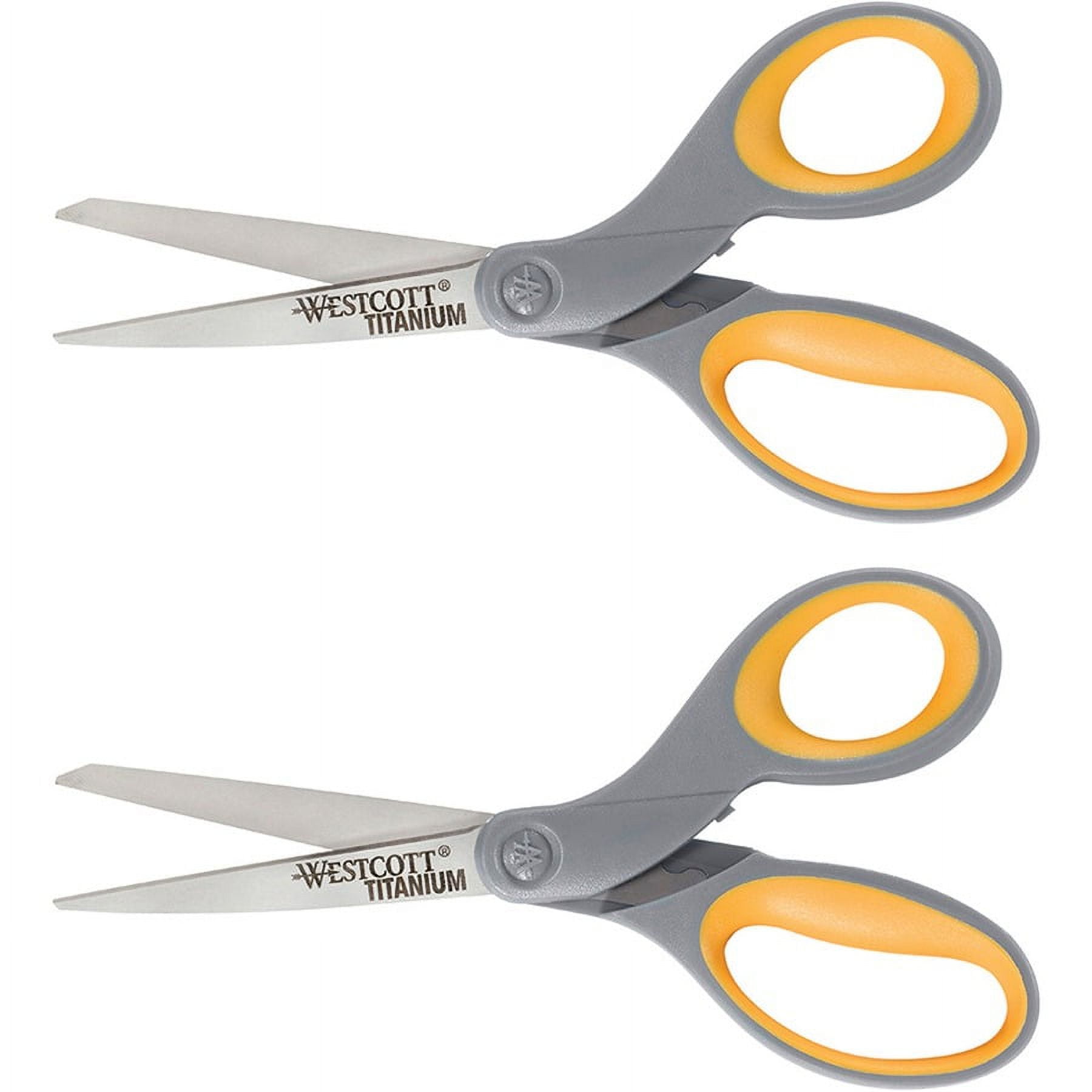 Westcott Titanium Bonded Scissors, 8" Long, 3.5" Cut Length, Gray/Yellow Straight Handles, 2/Pack