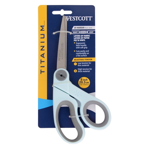 Westcott 8" Titanium Bonded Fabric Sewing Scissors, Adjustable Glide, Bent Handle, Blue, 1-Count