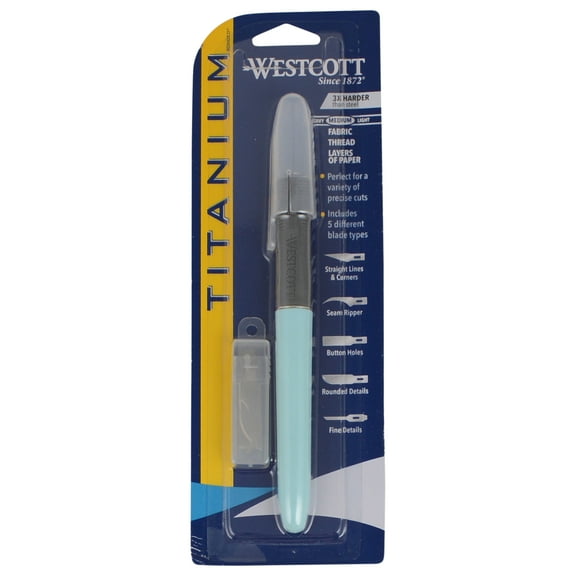 Westcott Craft Knife with 5 Titanium Bonded Replacement Blades, for Craft & Sewing, Blue, 1-Count