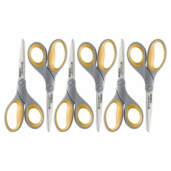 Westcott Titanium Straight Scissors, 7", High School Educational Level, Gray/Yellow, for Office, 6 Pack