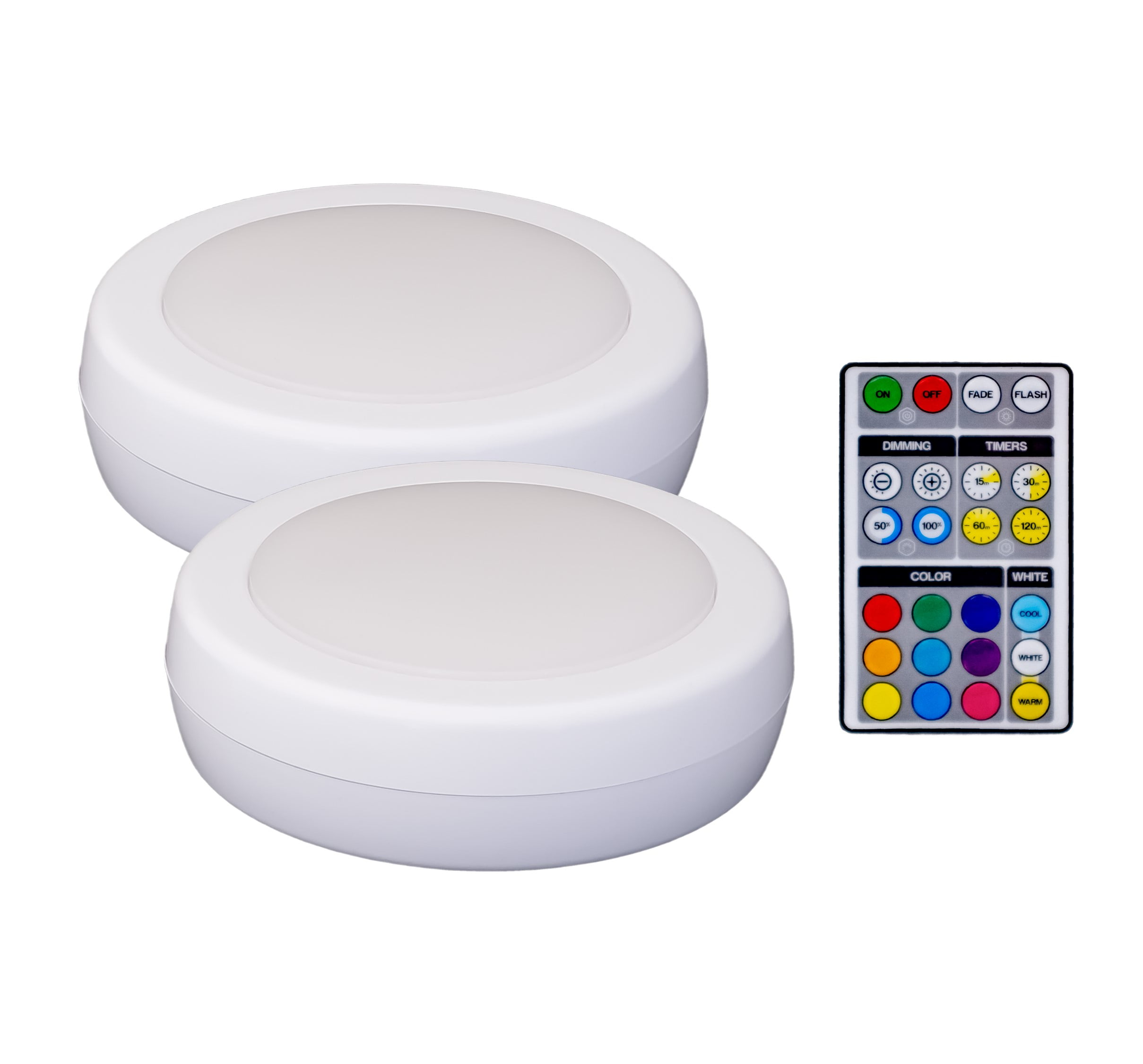 White Battery Powered LED Puck Light with Remote, 2-Pack