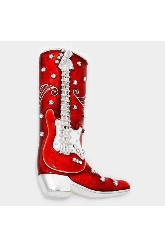 Western 2 1/2" silver, red boot and white guitar pin-broach with clear stones