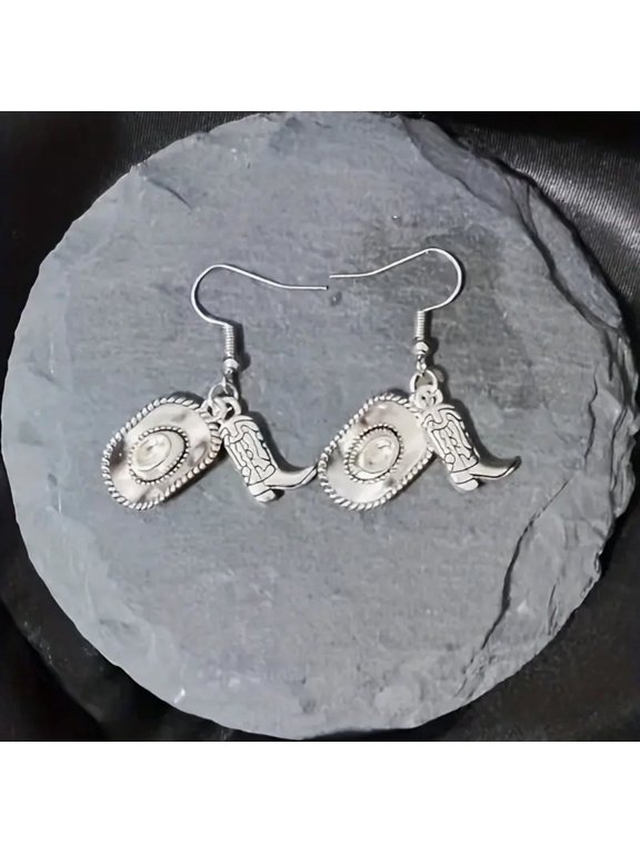 Western 2 1/4" pierced silver boot, textured hat and star dangle earrings