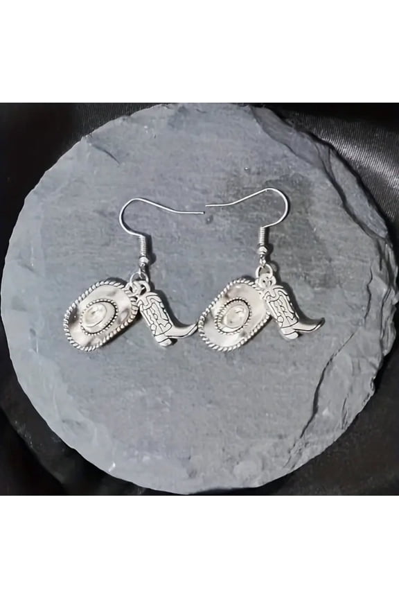 Western 2 1/4" pierced silver boot, textured hat and star dangle earrings