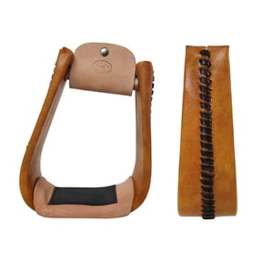 Western 5" Wide Tan Rawhide Covered Angled Saddle Stirrups 51250TN