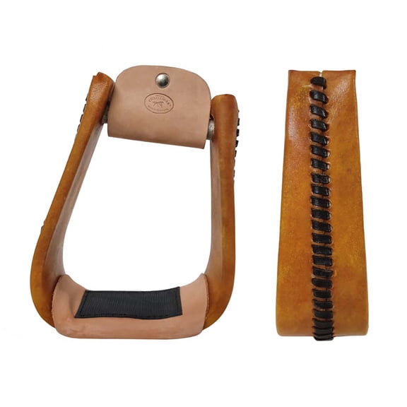 Western 5" Wide Tan Rawhide Covered Angled Saddle Stirrups 51250TN